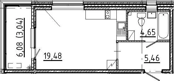 Студия, 32,6 м²